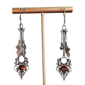 Sterling Silver Garnet Dangle Earrings Filigree January Birthstone PLEASE READ